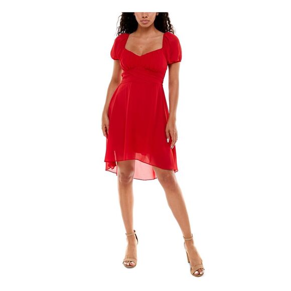 B DARLIN Womens Lined Tie Pouf Sleeve Below The Knee Evening Hi-Lo Dress - Picture 3 of 4